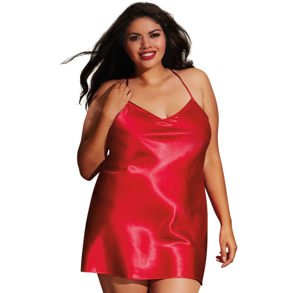 Nuisette grande taille rouge avec peignoir satinés 
